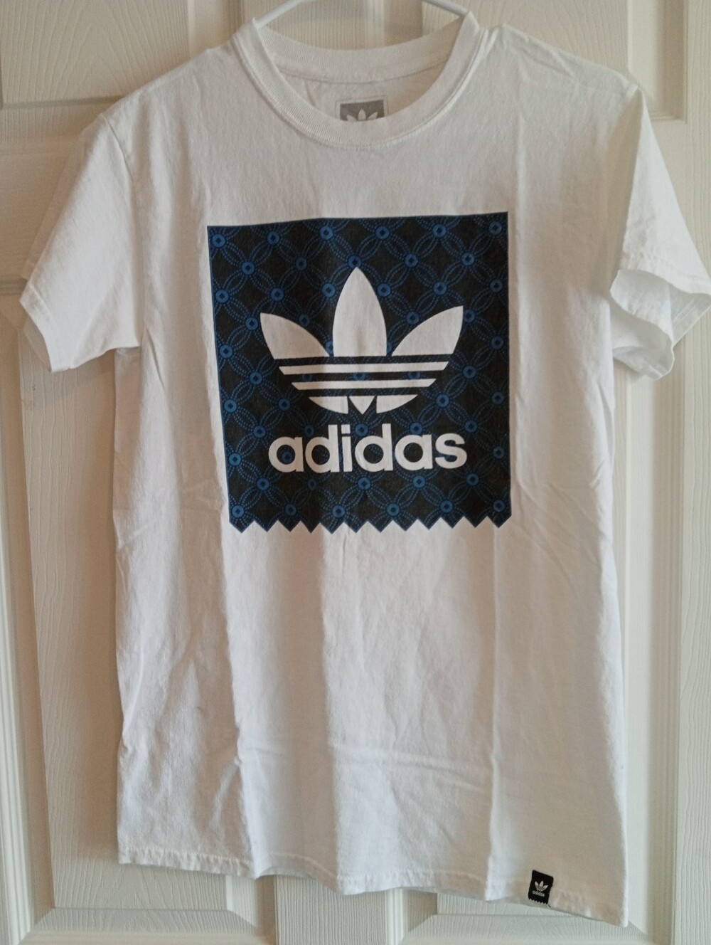 adidas White Tee with Navy and Blue Trefoil Graphic